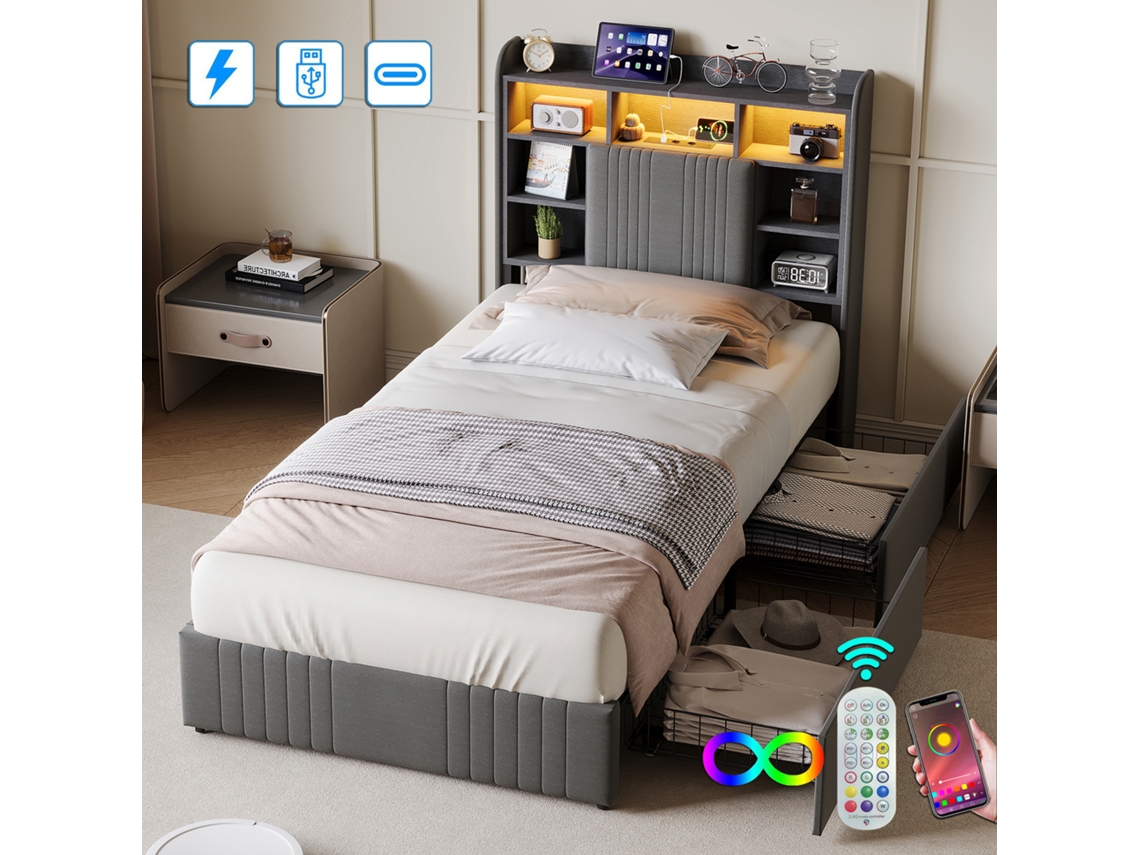 Cama Estofada 90x200 Cm, Cama De Solteiro, Com Luz Led E Usb, App-control Led, Com 2 Gavetas, Tecido De Linho - Cinza