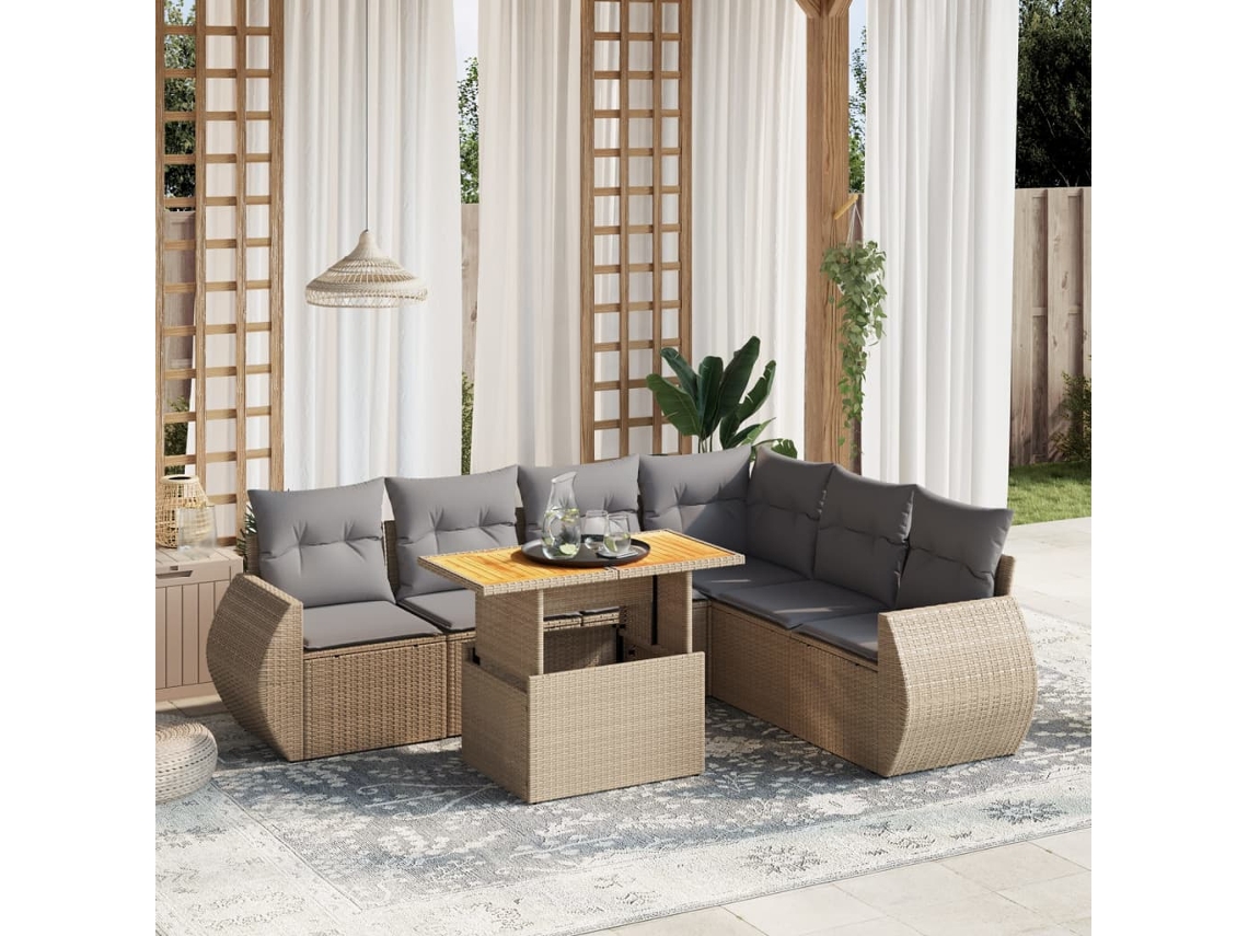 Vidaxl 7 Pcs Conjunto De Sofás P/ Jardim Com Almofadões Vime Pe Bege