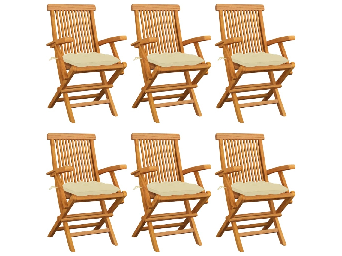 Cadeiras De Jardim C/ Almofadões Branco Nata 6 Pcs Teca Maciça Dkd Home Decor