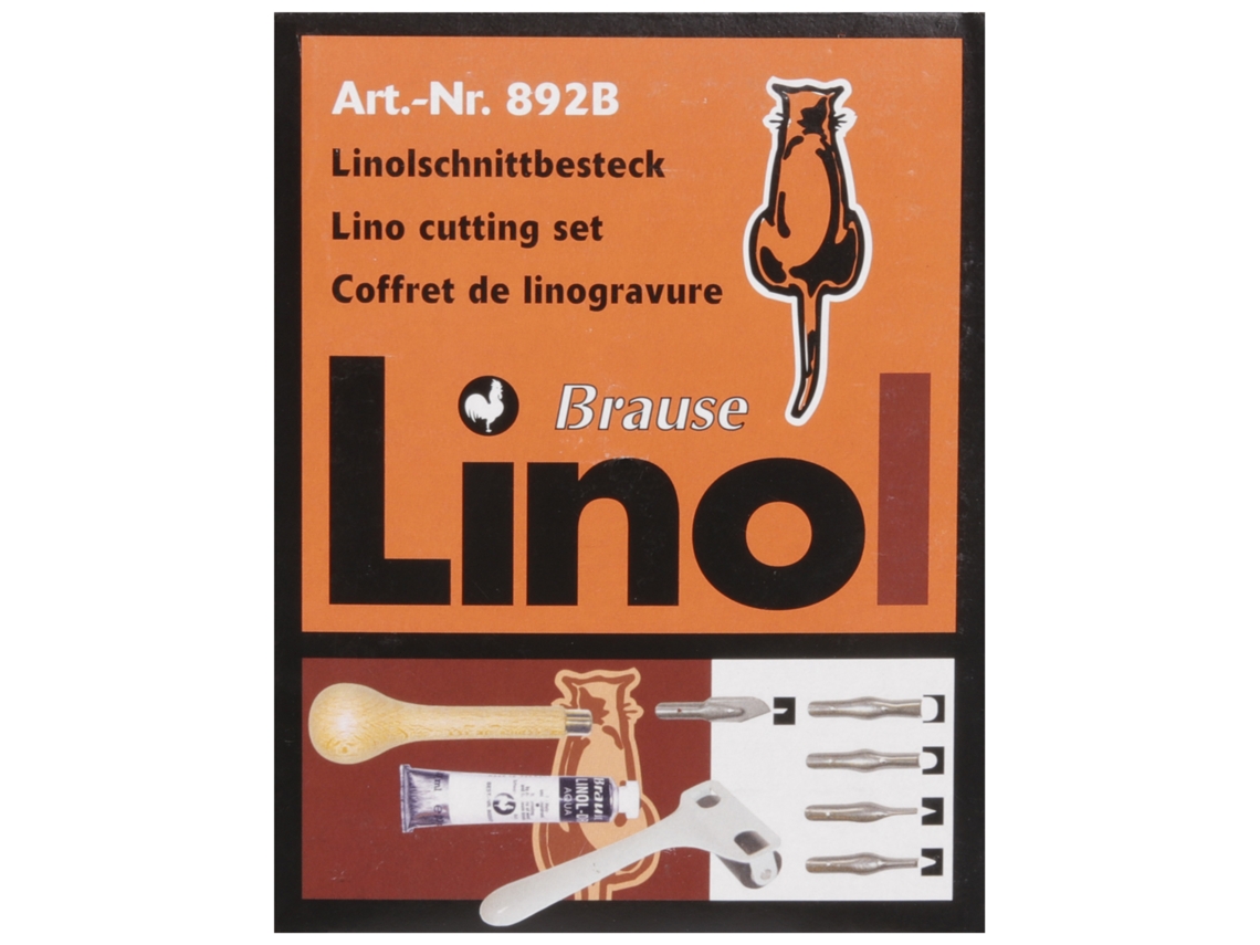 Kit de Linoleogravura com 1 Cabo de Madeira 5 Goivas 1 Tubo de Tinta 1 Paleta 1 Palete de Lino A6 1 Extrator de Goivas e 1 Rolo BRAUSE