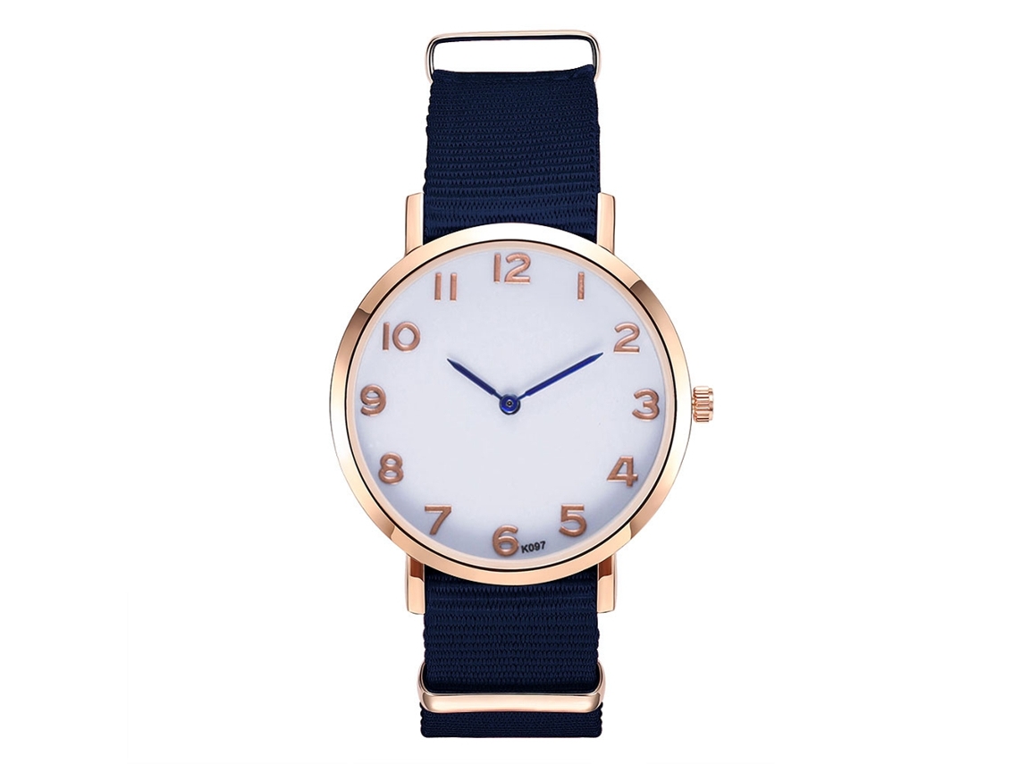 Relógio analógico de quartzo azul royal com pulseira de nylon para homens e mulheres.