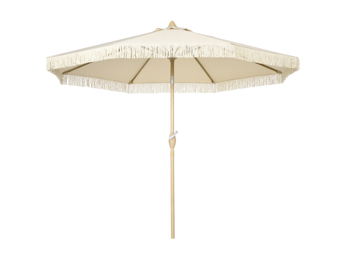 Guarda sol de jardim ORBITRA COMMERCE, estilo boêmio, manivela, bordas com franjas, 8 varetas, creme