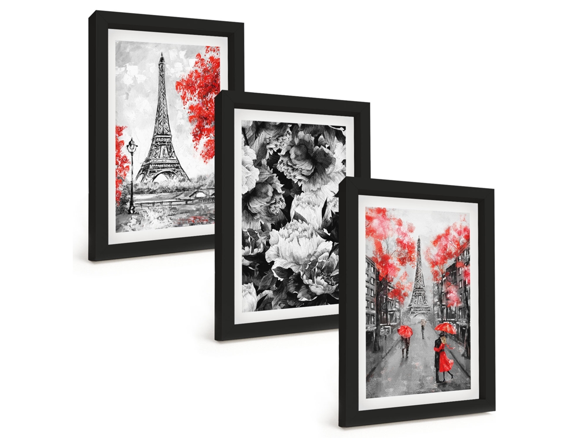 Composição De Quadros Torre Eiffel, Pinturas Cinza Espelharte (3 Peças 20x30 Cm)