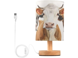 Luminária De Cabeceira Skyshu Em Formato Vaca Fofa Pequena Mesa Led Usb Com Base Madeira Antiderrapante E Cúpula Que Não