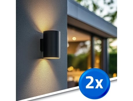 Aplique Solar Up &amp; Down  Preto  Sensor  Redondo  Branco Quente  Conjunto De 2 Unidades Rextech