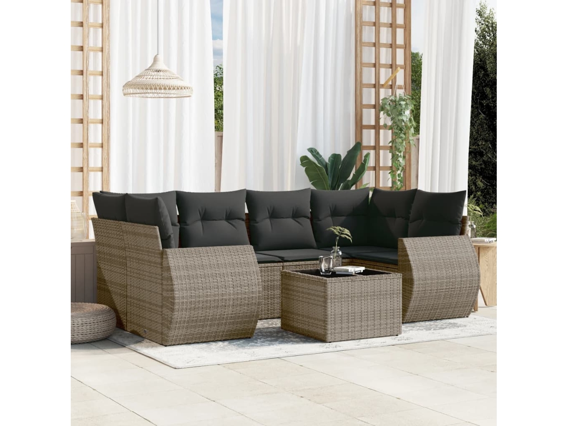 Jogo 7 Peças Sofás P/ Jardim C/ Almofadões Vime Pe Cinza Dkd Home Decor