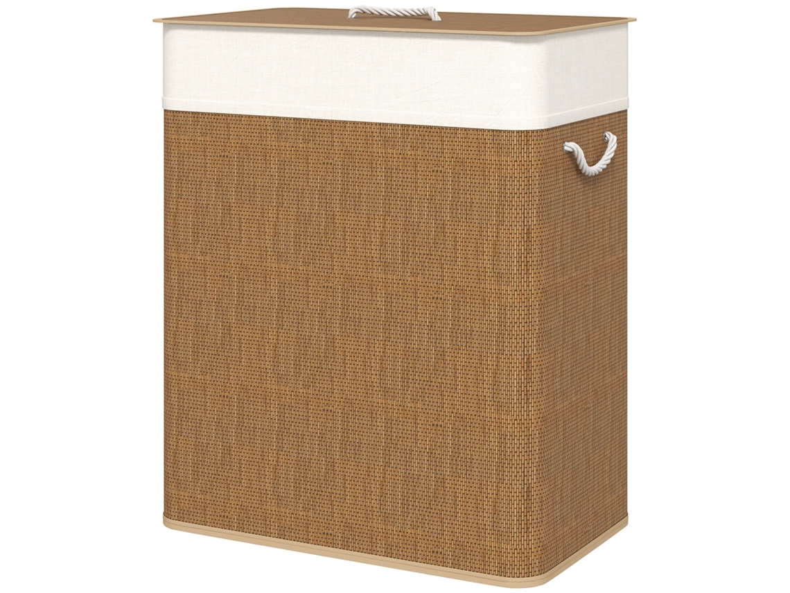 Cesto De Roupa Suja De Bambu Com Tampa, 2 Compartimentos, Coletor De Roupa De 100 L Com Alça De Corda E Saco De Roupa Removível