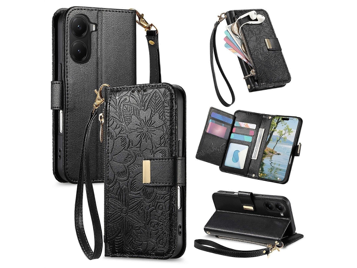 Capa Carteira De Couro Com Zíper, Estampa De Flores E Folhas, Com Alça, Para Xiaomi Poco X7 Pro