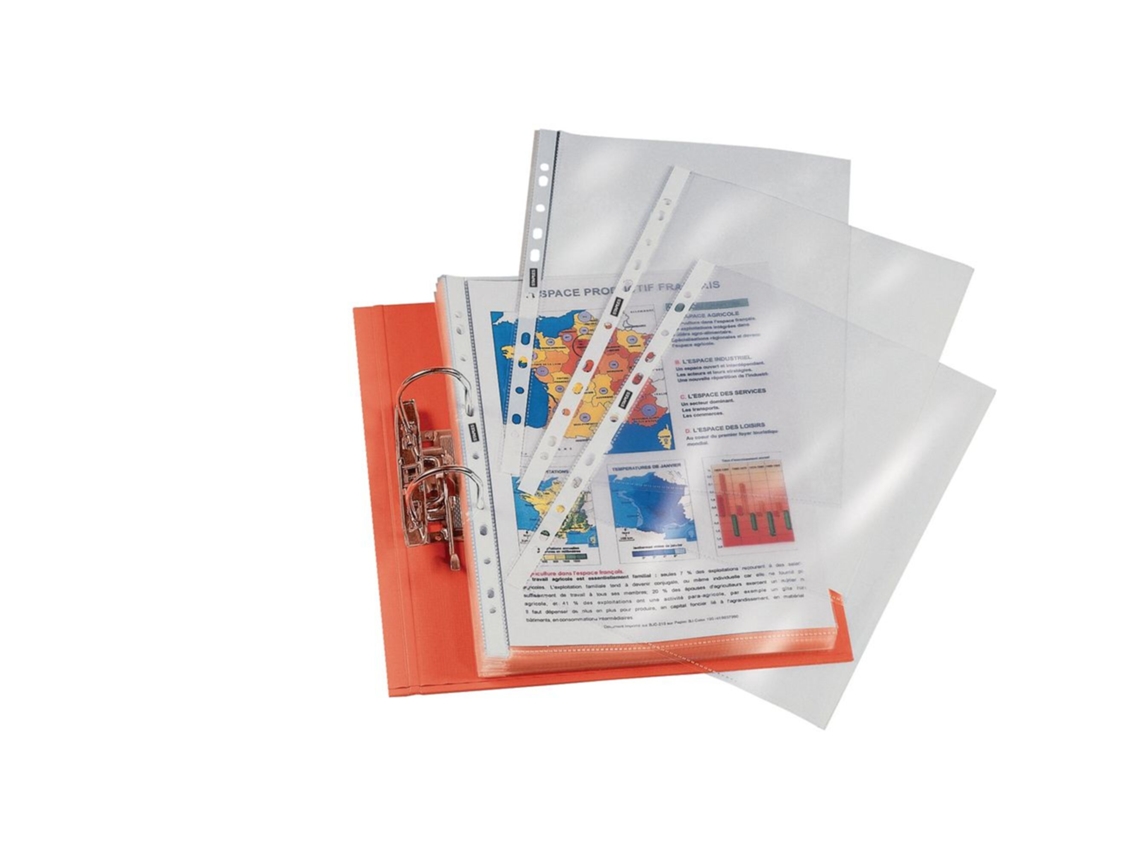 Bolsa Perfurada A4 STAPLES 11 Orifícios, Polipropileno, 60 Mícrones, Efeito Granulado, Transparente Com Faixas Brancas, Pack 100 Unidades