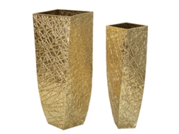 Par De Vasos Quadrados Em Metal Dourado - Design Com Textura Linear Em Relevo Estilo Glamoroso Cm 34x34x90