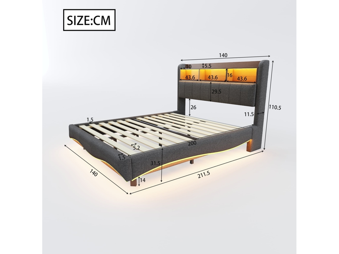 Cama box suspensa 140x200cm, cinza, com LED, USB c, armário, capacidade 250kg, sem colchão, KOMHTOM