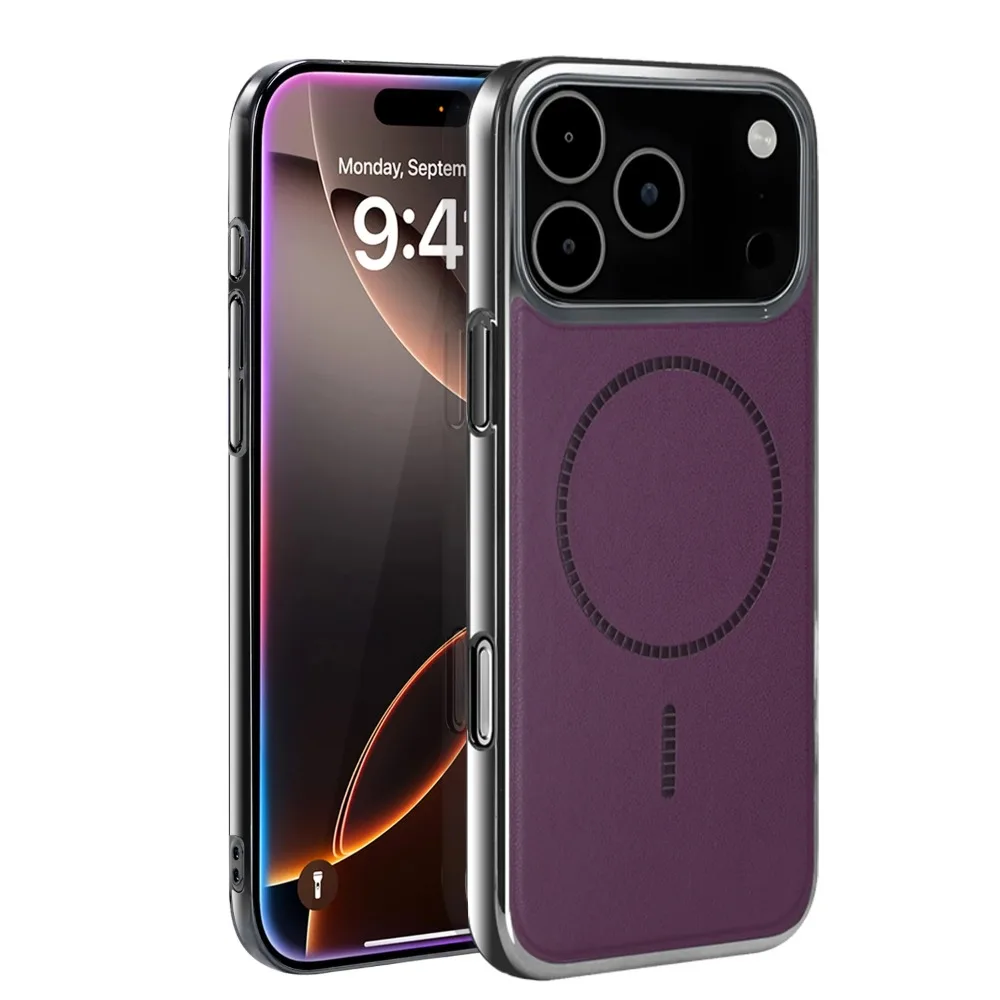 (roxo-avermelhado, Iphone 16) Capa Para Celular Ultrafina Com Textura De Couro E Carregamento Magnético.