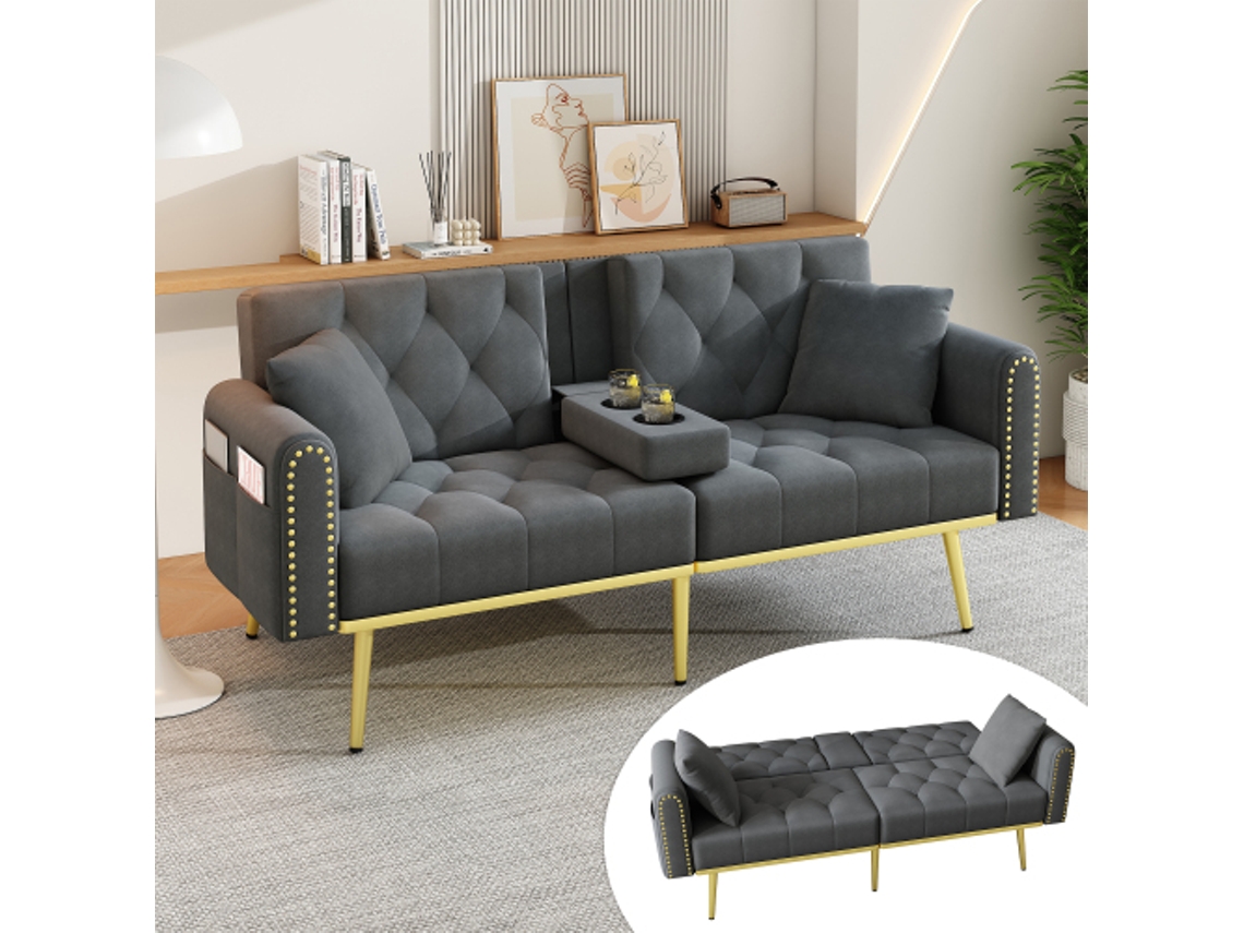 Sofá-cama reclinável Duplo com função de descanso, 3 ângulos ajustáveis e porta-copos. Ideal para sala de estar, home theater ou quarto de hóspedes. Tecido cinza.