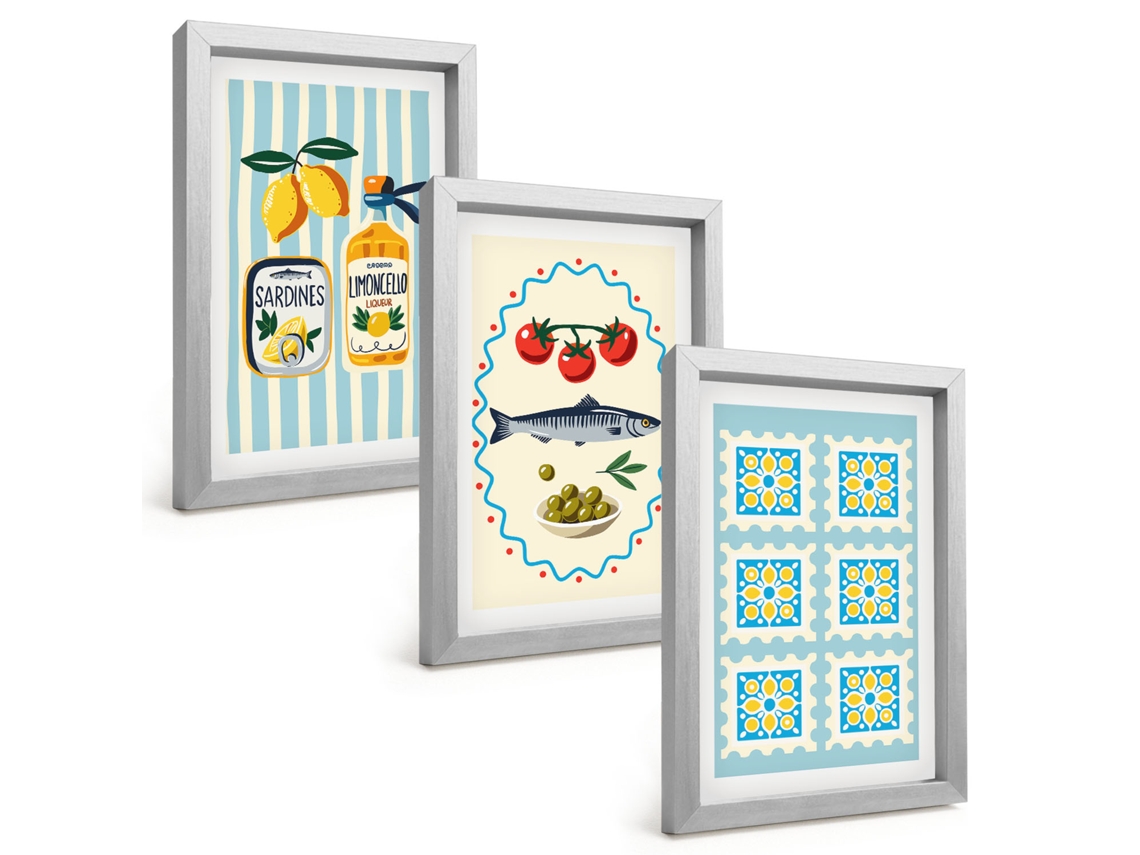 Galeria De Pinturas Muraisilustrações Em Estilo De Cozinha Mediterrânea Moldura Prateada Fotos Para O Escritório Espelharte (3 Peças 20x30 Cm)
