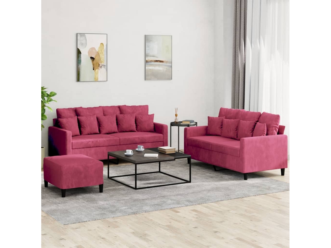 Vidaxl 3 Pcs Conjunto De Sofás Com Almofadões Veludo Vermelho Tinto