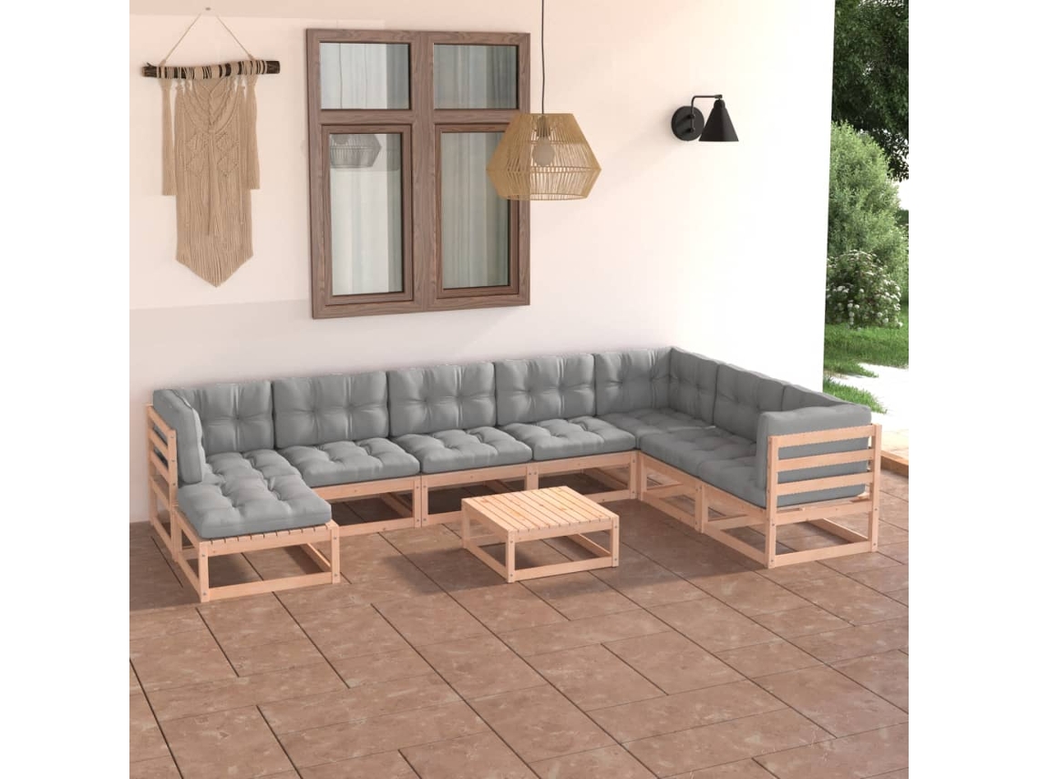 Vidaxl 9 Pcs Conjunto Lounge De Jardim C/ Almofadões Pinho Maciço
