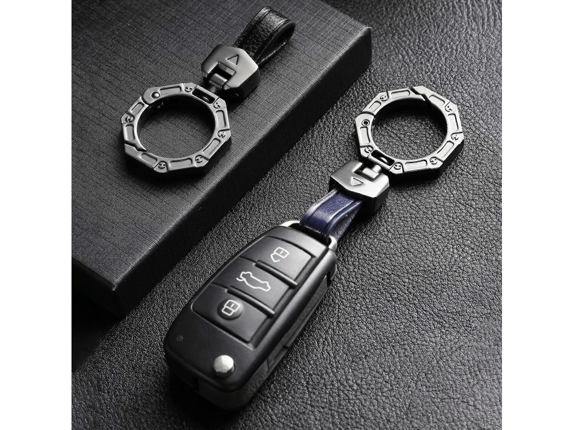 Chaveiro Hallmo Business em Zinco League com revestimento em couro bovino de alta qualidade, proteção anti-perda para chaves de carro.