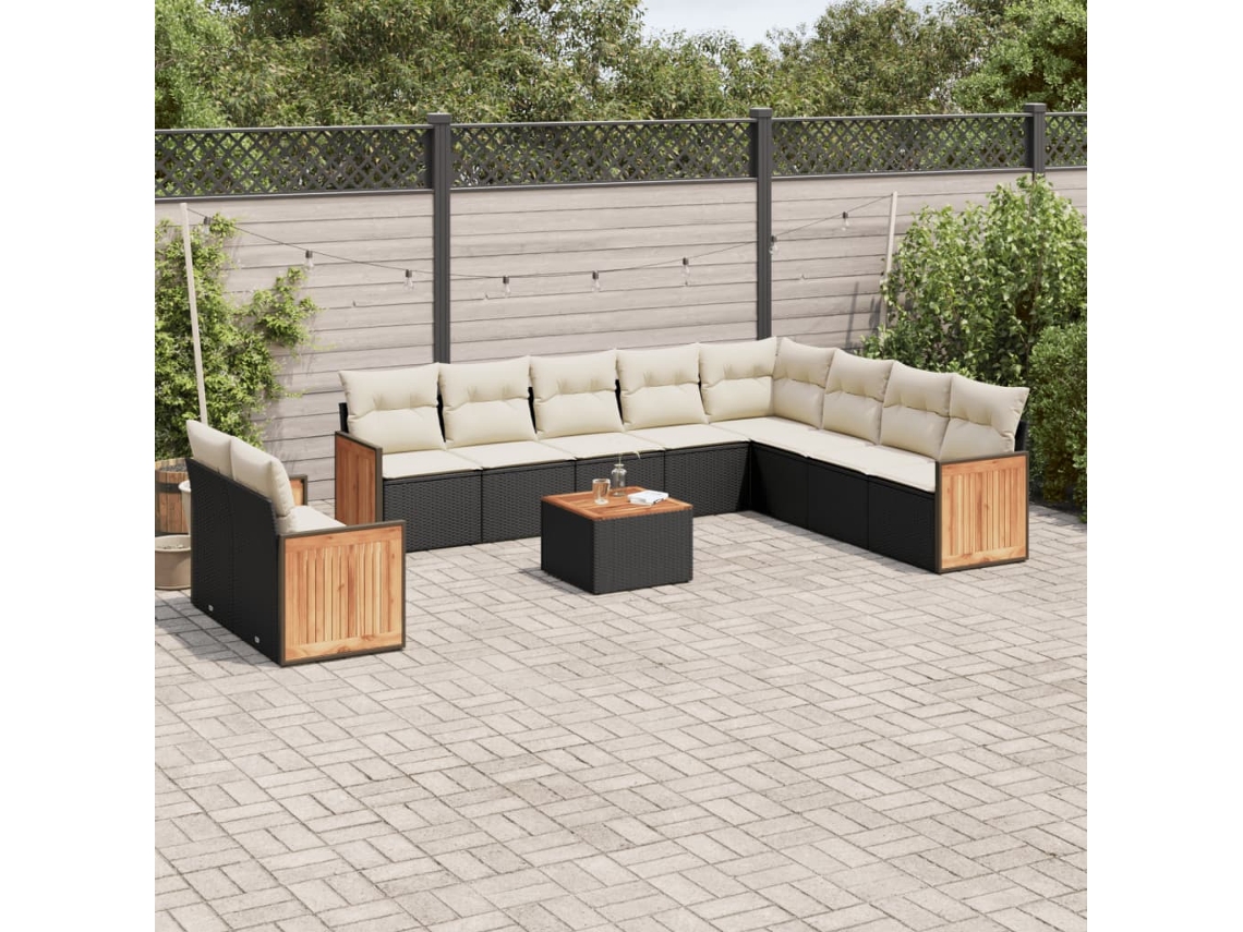 Vidaxl 11 Pcs Conjunto Sofás de Jardim C/ Almofadões Vime Pe Preto