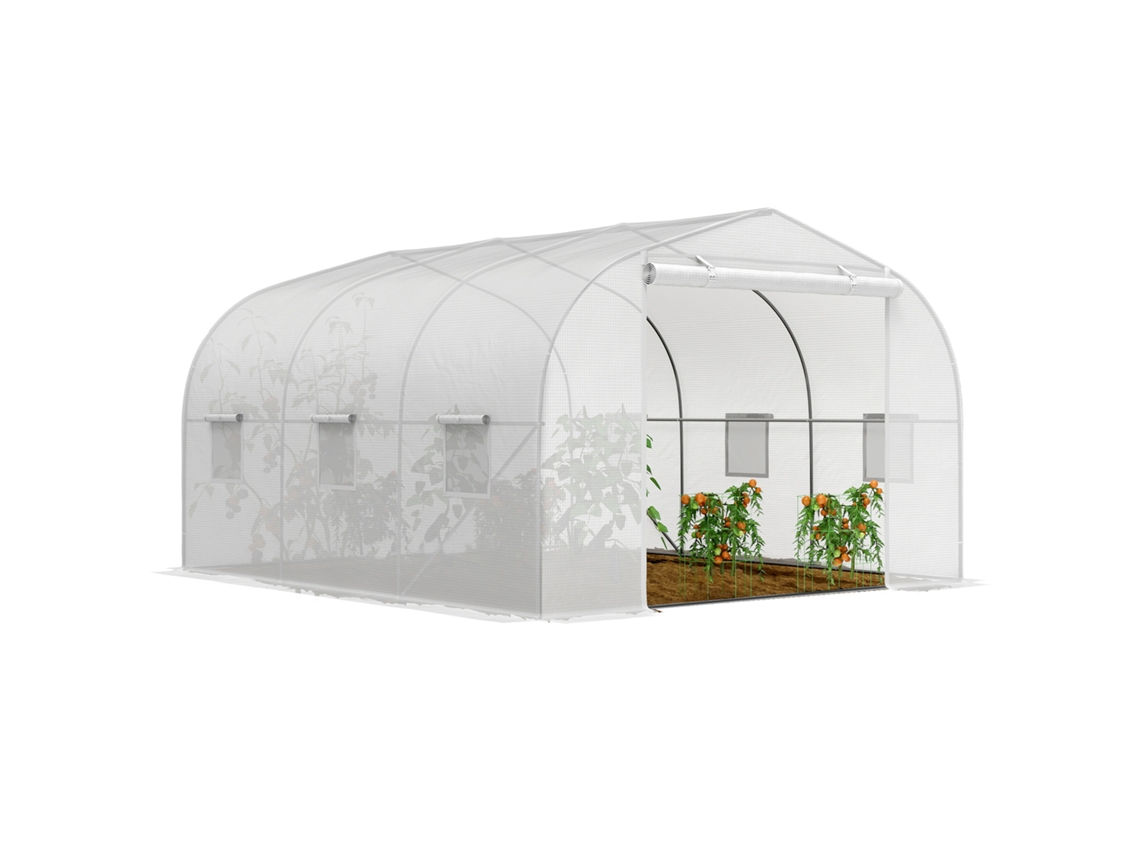 Estufa túnel de jardim com 6 janelas porta de rolo aço e educação física 3,5x3x2 m branco