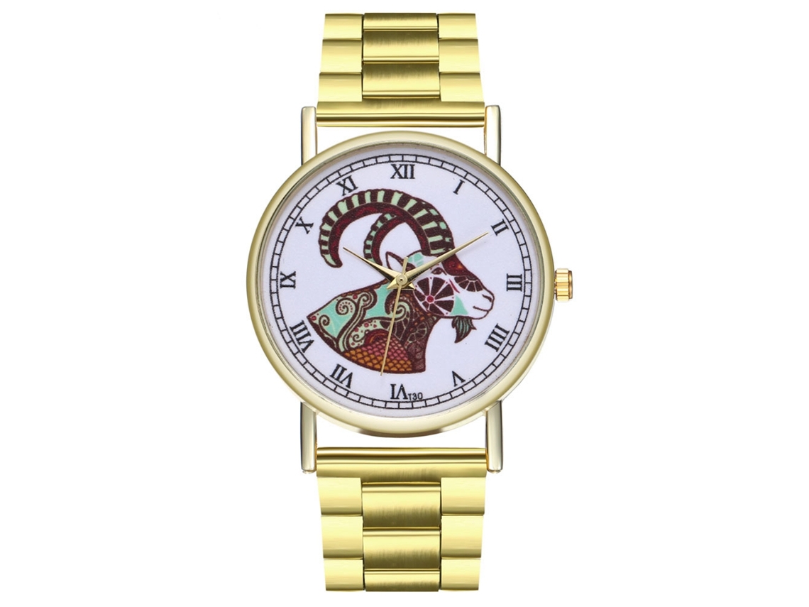 Reloj De Pulsera Moda Con Patrón Capricornio Y Correa De Acero Dorado Para Mujer Y Hombre