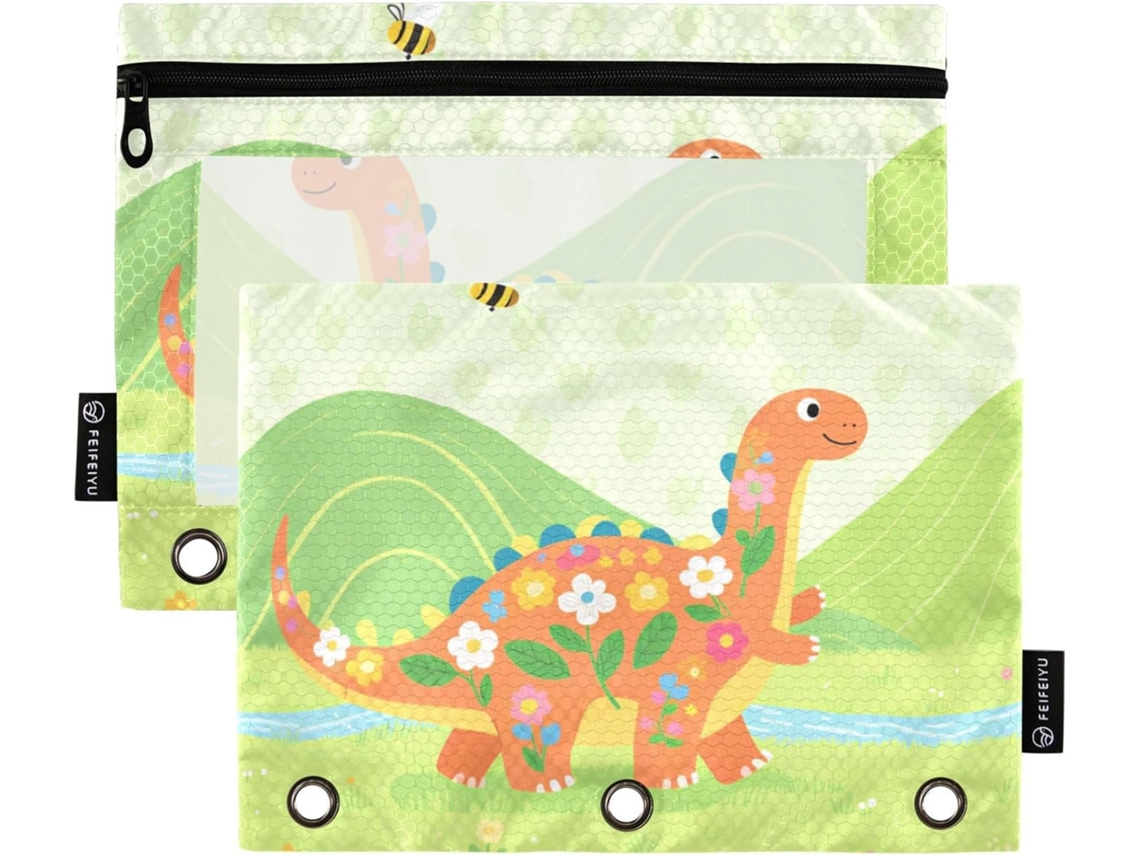 Pasta Verde Com Estampa De Dinossauro Desenho Animado, Fecho Transparente, Estojo Grande E Resistente, 3 Compartimentos