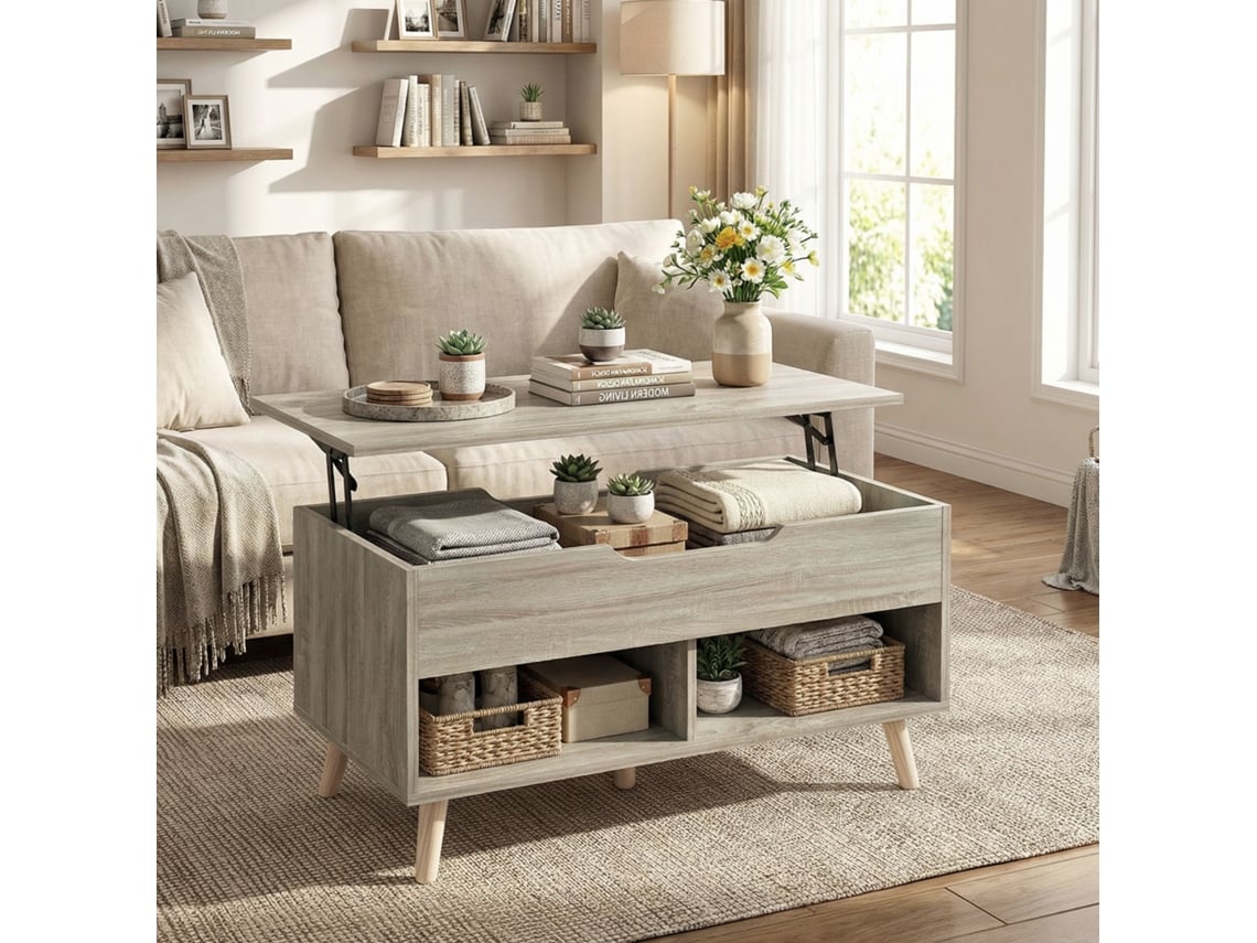 Table Basse Relevable Salon Compartiment Caché Étagères Ouvertes, 75x40x58cm, Bois Naturel