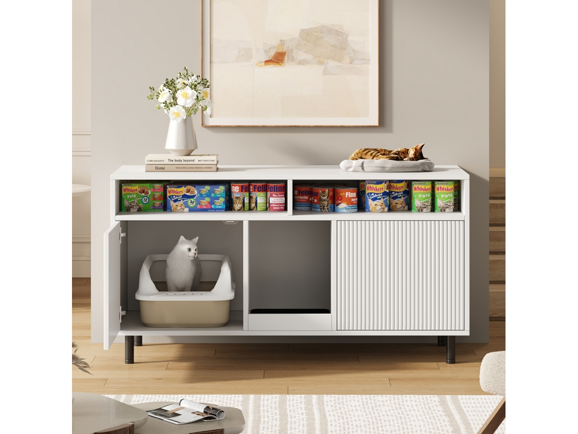 Armário Para Caixa De Areia Com Prateleira E Tapete Coletor, Móvel Multiuso Para Pets/tv, 120x50x66 Cm, Branco