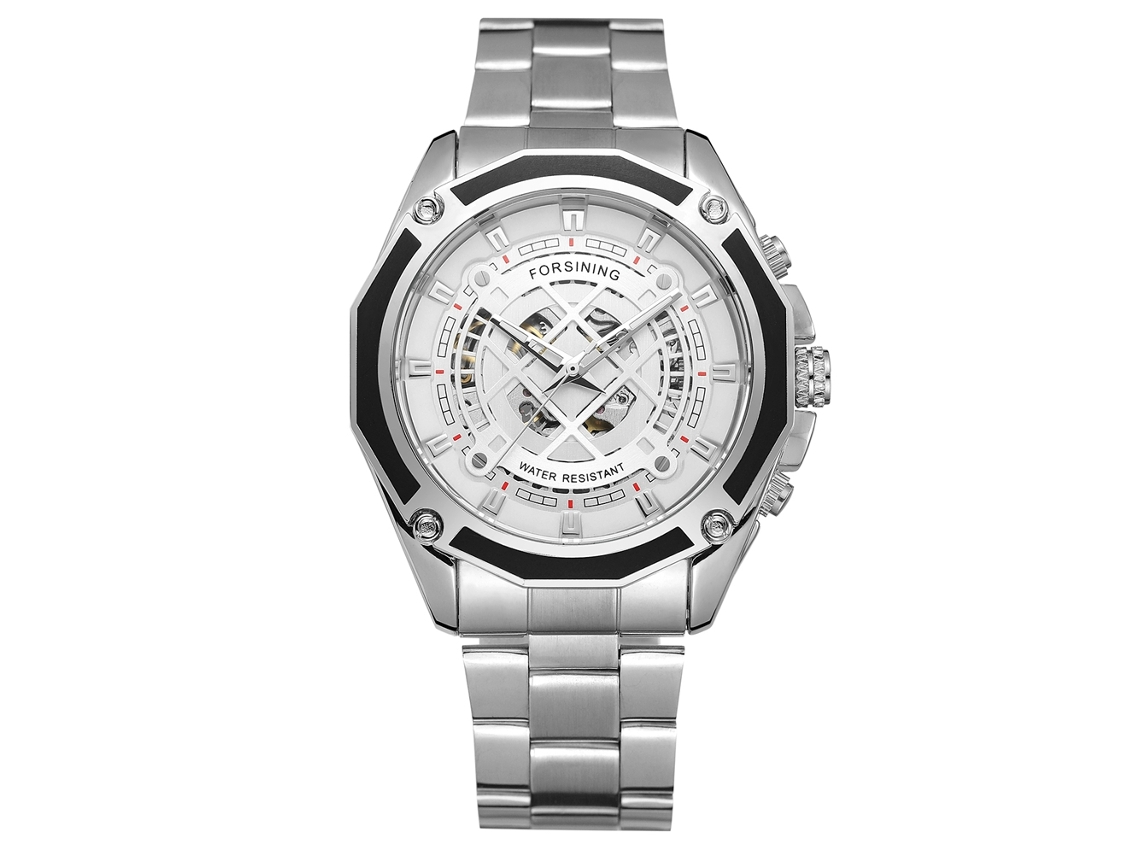 Relógio masculino Forsining automático mecânico, mostrador branco geométrico vazado, pulseira prateada, à prova d'água.