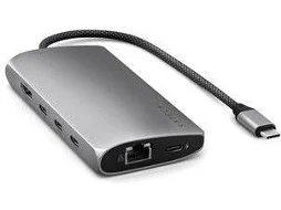 Hub com ligação USB-C, tem 1x porta HDMI 8K, 1x gigabit ethernet, 1x 100W USB-C PD, leitor micro e SD card, 4xUSB-C. É compatível com MacBooks M1 e outros equipamentos USB-C.