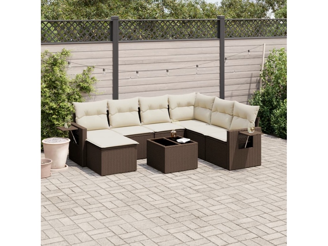 Vidaxl 8 Pcs Conjunto Sofás De Jardim C/ Almofadões Vime Pe Castanho