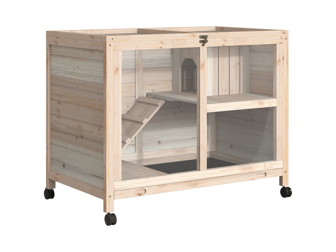Coelheira de Madeira com Rodas 91,5x53,5x73cm Gaiola para Coelhos de 2 Níveis com Bandeja Amovível e Rampa Natural Ge