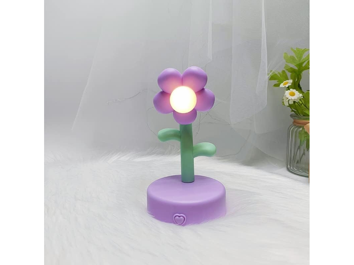 Luminária de mesa decorativa e portátil em formato de flor, ideal para escrivaninha ou quarto. Roxa