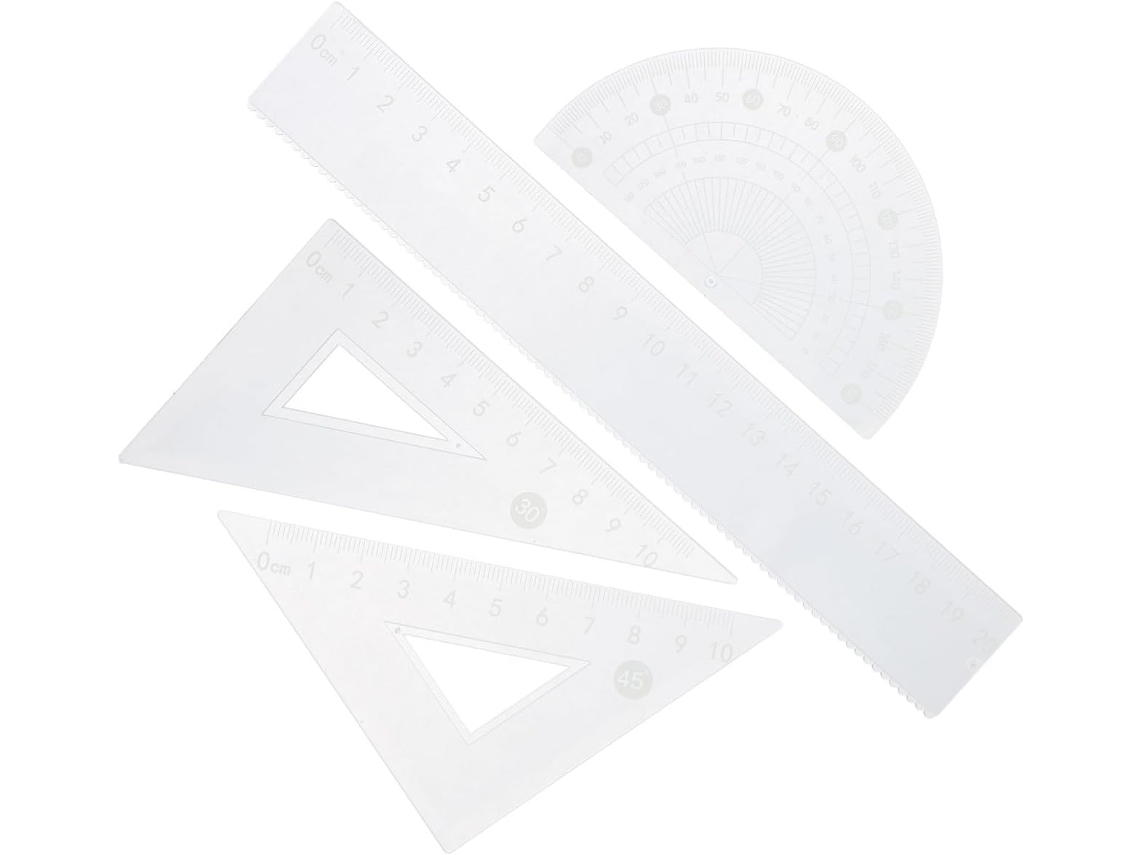 Régua triangular e conjunto de decalques Angooily para estudantes, transparente para desenho e medição em centímetros.