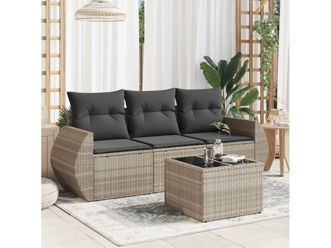 Vidaxl 4 Pcs Conj. Sofás Jardim C/ Almofadões Vime Pe Cinzento-claro