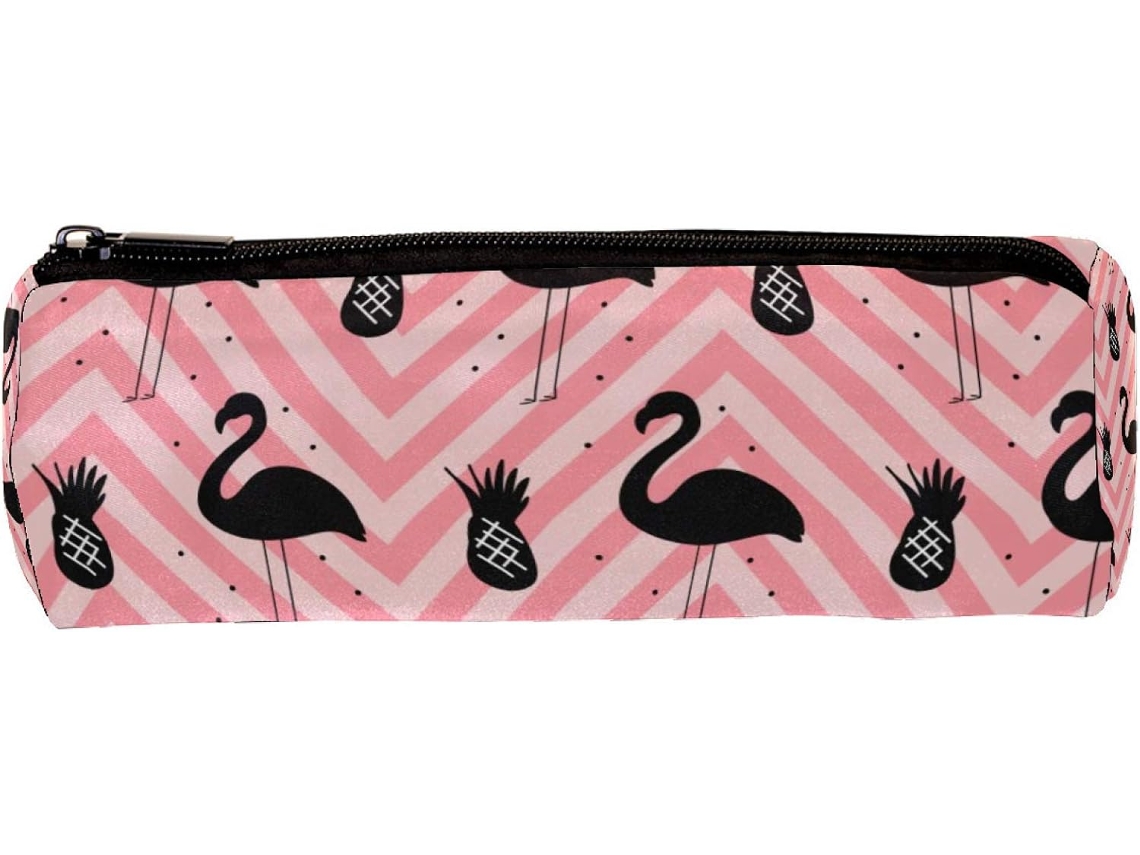 Estojo Lápis Com Estampa De Flamingo E Abacaxi Rosa Em Ziguezague, Ideal Escola E Escritório Organizador De
