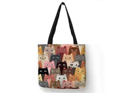Bolsa de Compras Feminina com Estampa Floral Gatinho Desenho Animado, Ombro em Tecido Linho, Ec Ológica, Reutilizável e do GOKOCO