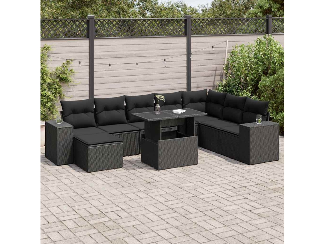 Vidaxl 9 Pcs Conjunto De Sofás P/ Jardim C/ Almofadões Vime Pe Preto