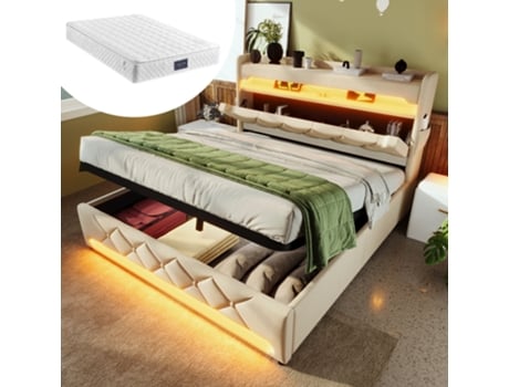 Cama Box Casal 160x200, Cabeceira Com Armazenamento, Função Led 360°, Usb E Tipo C, Estrutura De Metal, Veludo, Bege (com Colchão)