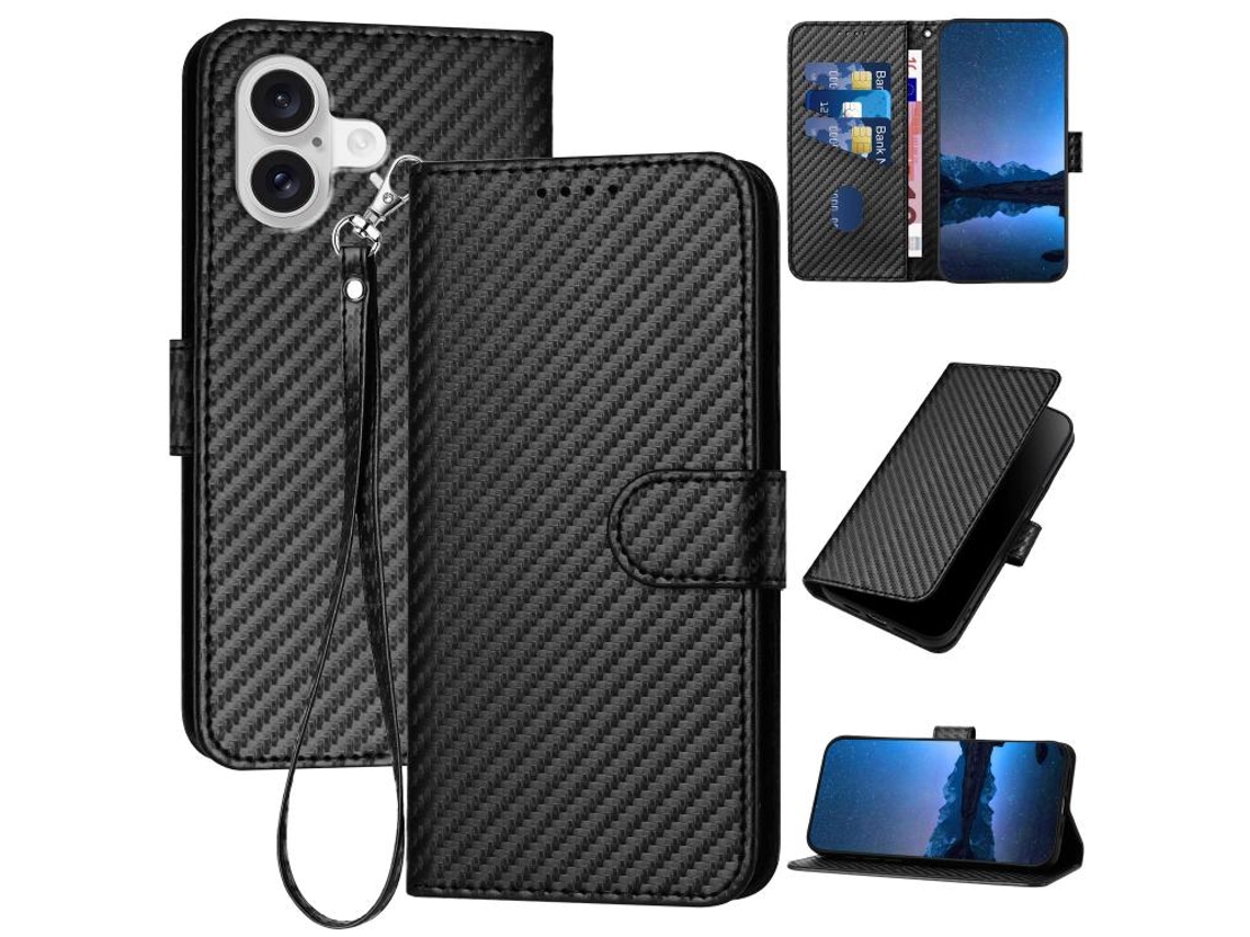 Capa De Couro Para Iphone 17 - Fivela Em Fibra De Carbono - Com Cordão