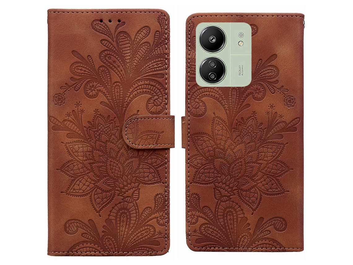 Capa De Celular Em Pu Com Fecho Magnético, Estampa Floral Em Relevo E Alça De Pulso Para Redmi 13c