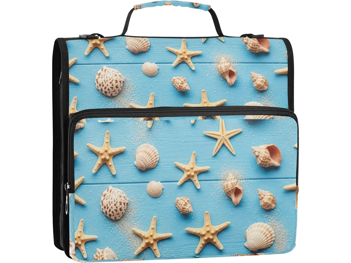 Pasta Organizadora Azul Com Zíper De 1 2-polegada Estampa Conchas E Estrelas Do Mar, 3-argolas Em D, Alça De Ombro