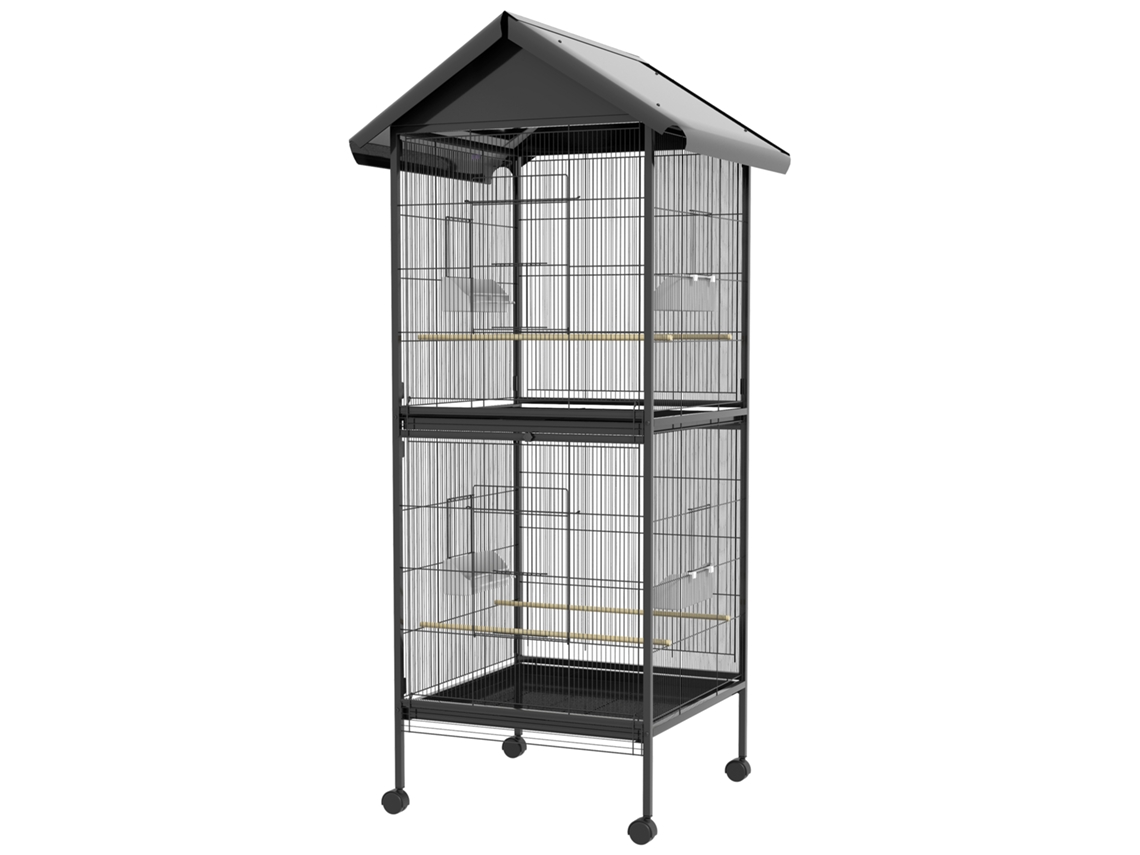Gaiola Para Pássaros Convertível Em Somente Uma Com Rodas 4 Comedouros E 4 Poleiros E Bandejas Amovíveis 78x75x168 Cm Preto