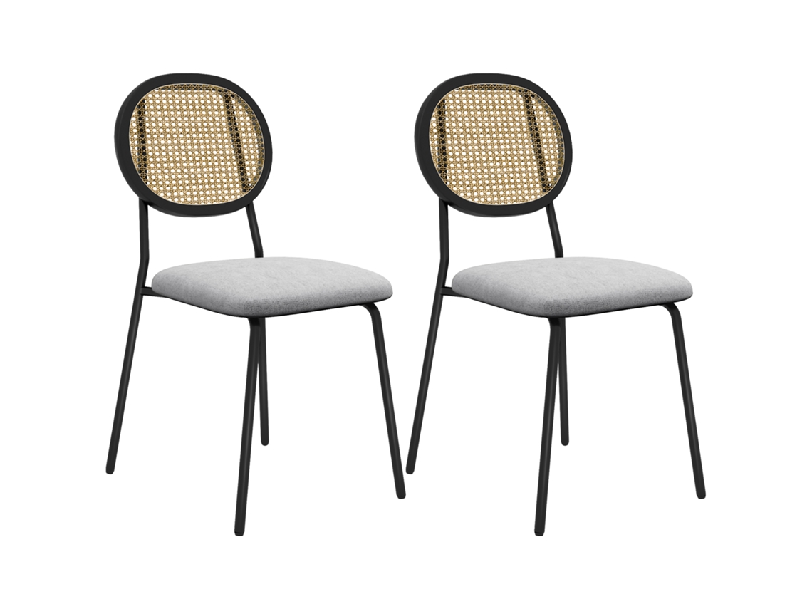Conjunto de 2 Cadeiras de Jantar com Encosto em Rattan, Tecido Respirável, Estrutura de Aço, 44x54x87cm, Cinza CHEZMOI