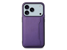 Capa Para Iphone 17 Pro Com Suporte Para Cartão E Revestimento Em Couro De Bezerro - Roxa