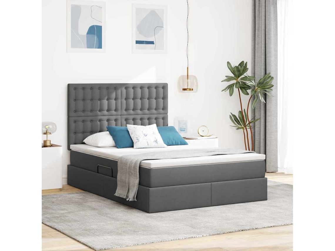Vidaxl Cama Com Arrumação E Colchão Cinza Escuro 140 X 200 Cm Tecido