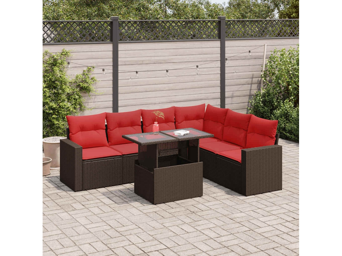 Vidaxl 7 Pcs Conjunto Sofás Jardim Almofadões Vime Pe/acácia Cinzento