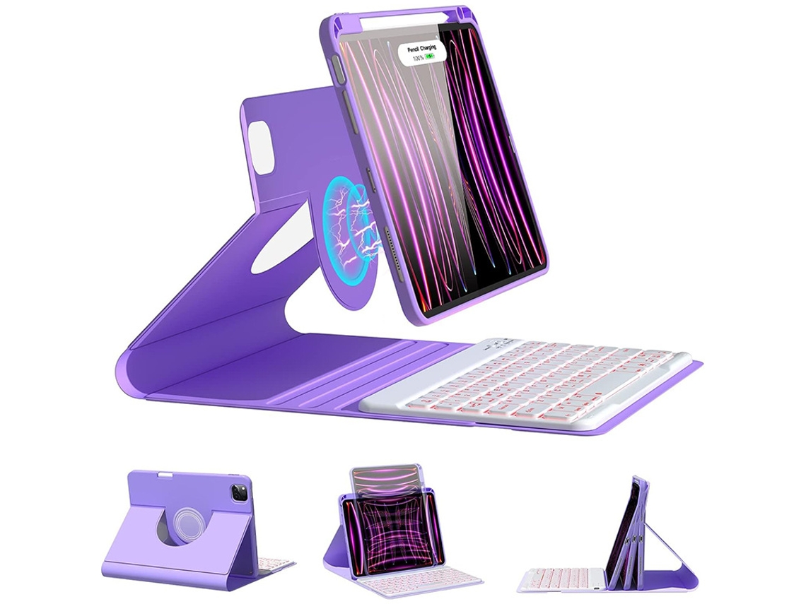 Capa Protetora Bipartida Magnética Lilás Claro Teclado Retroiluminado Com Teclas Quadradas Brancas, Para Ipad De 10ª Geração, 10,9 Polegadas. Yunzii
