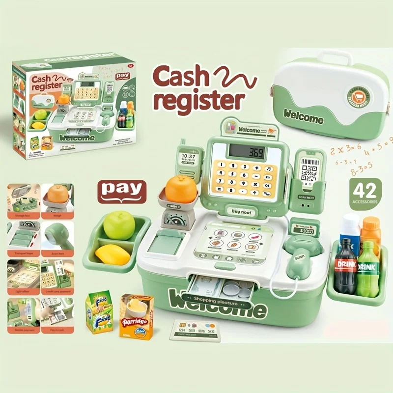 (verde) Conjunto De Caixa Registradora Para Brincar De Faz De Conta, Inclui 42 Acessórios.