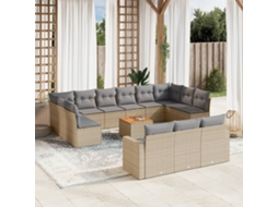 Vidaxl 14 Pcs Conjunto De Sofás P/ Jardim Com Almofadões Vime Pe Bege