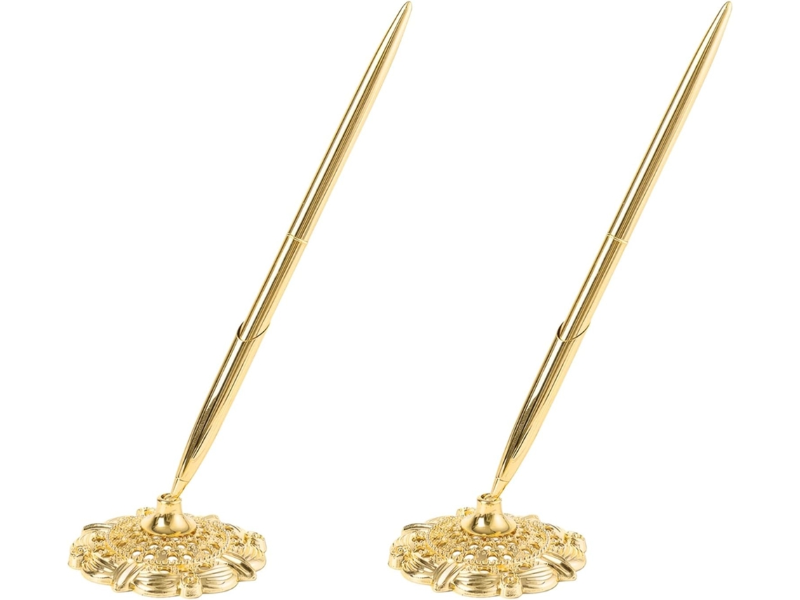 Conjunto De 2 Canetas Banhadas A Ouro Com Suporte, Eletrodepositadas, 19cm, Casamentos, Bancos E Balcões De